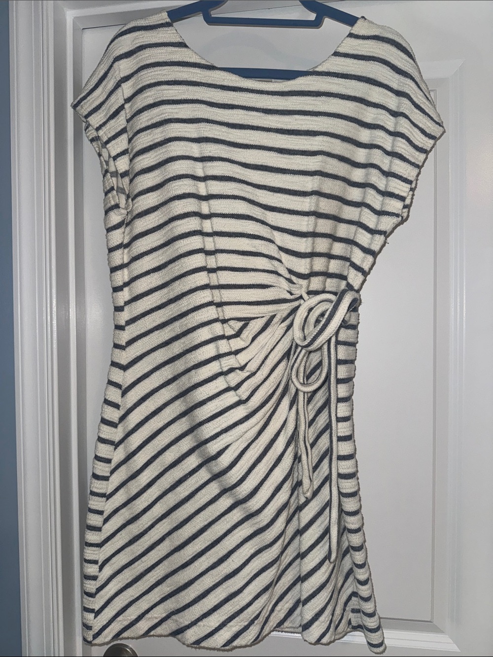 LOFT Navy and White Striped Tie-Waist Mini Dress